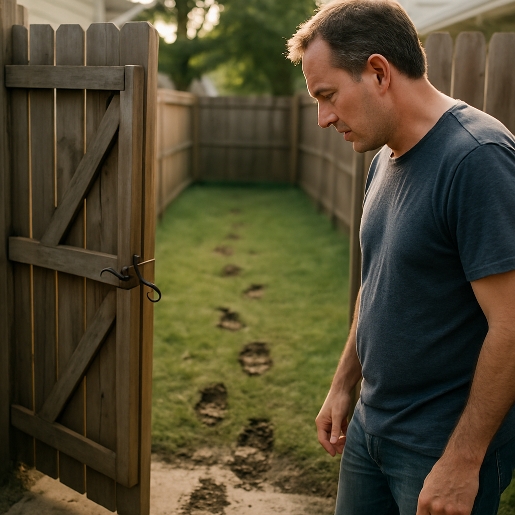 Man inspecting bent gate latch and muddy footprints in his side yard.