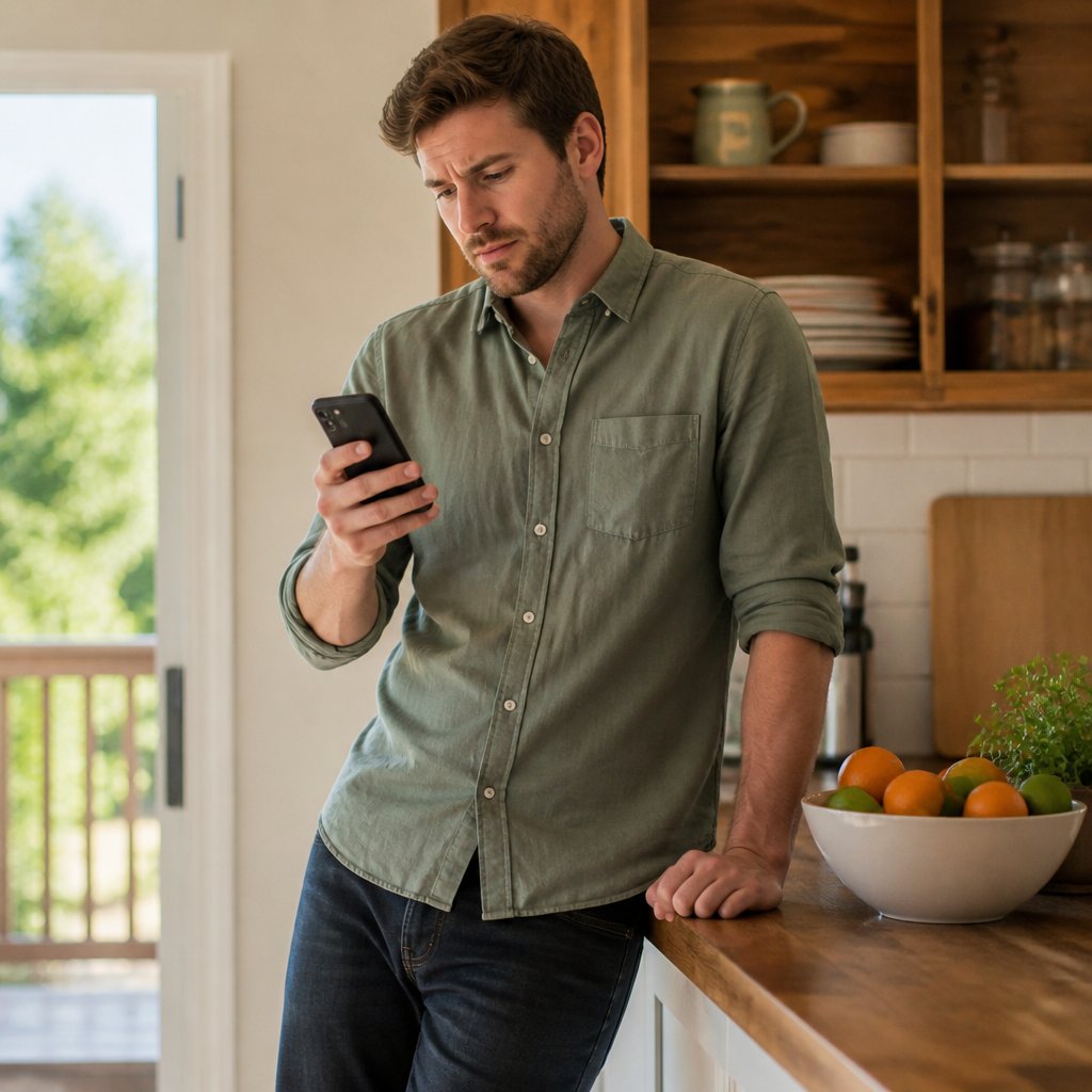 Man on phone at kitchen counter discovering suspicious purchase.