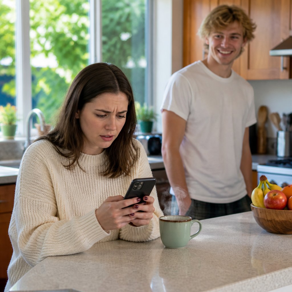 Woman examining her phone in a kitchen, looking puzzled and concerned.