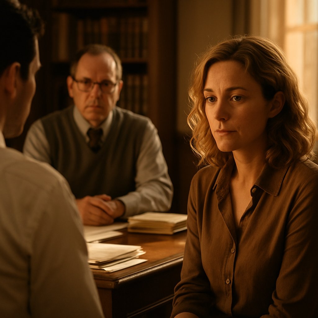Man speaking with lawyer in office surrounded by legal books and papers.