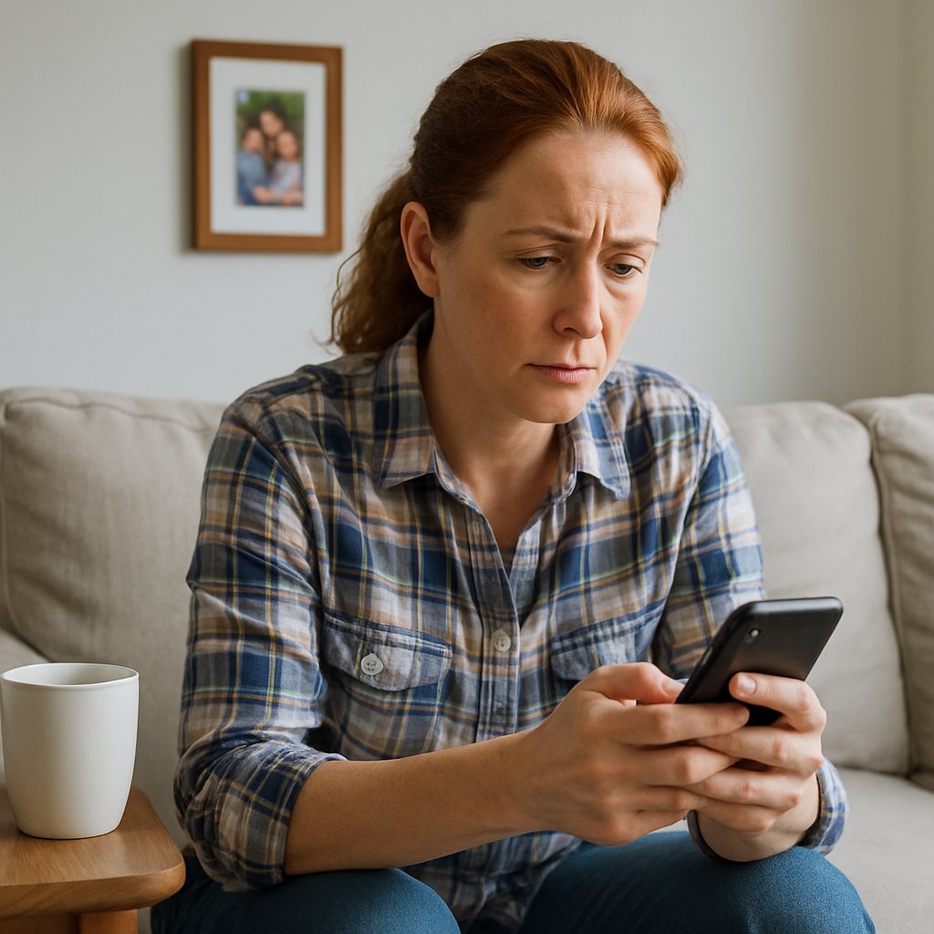 Man looking concerned while browsing neighborhood Facebook group on phone.