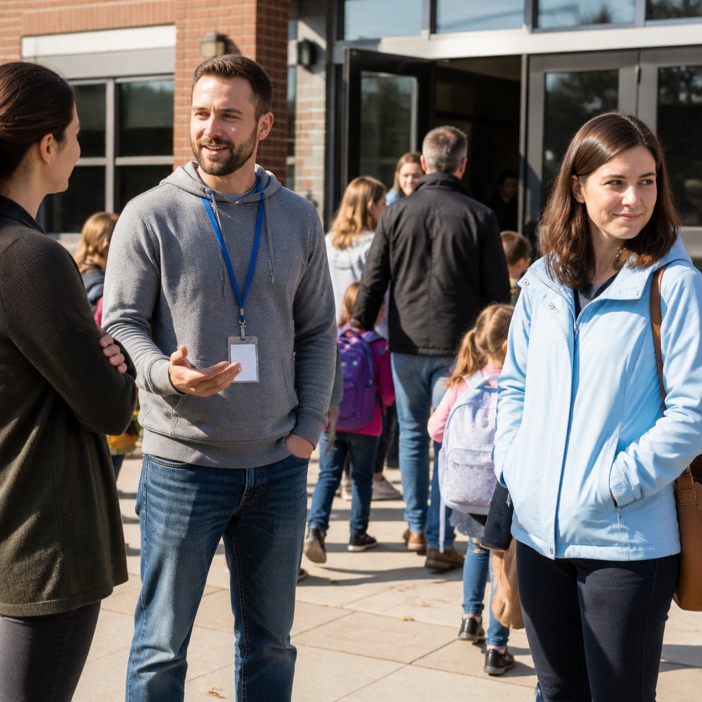 Greg in gray hoodie volunteering at school entrance, Lena looking away nearby, mild tension.