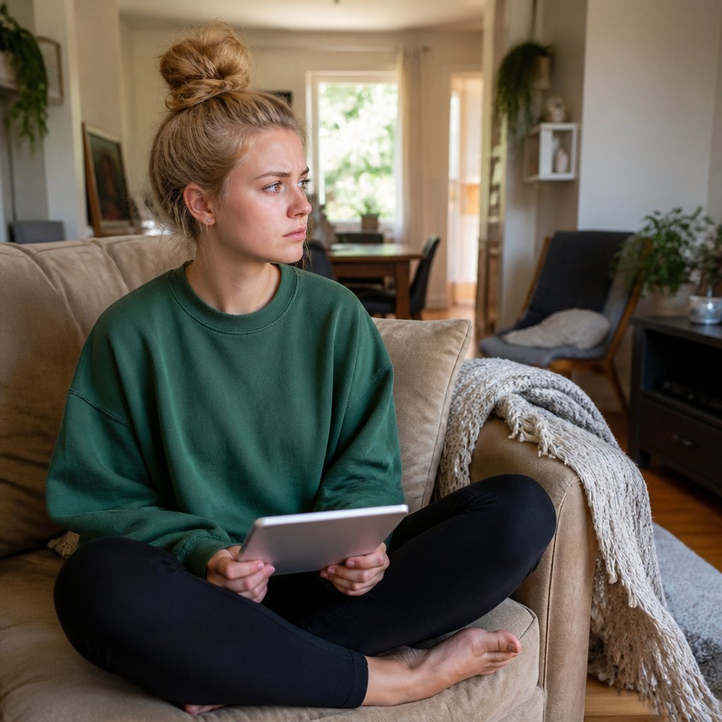 Young woman sitting on a couch, holding a tablet face-down, looking worried and deep in thought.