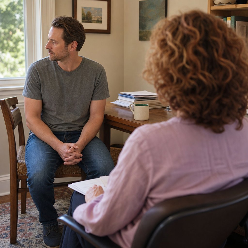 Man sitting nervously in a home office, looking away from the camera.