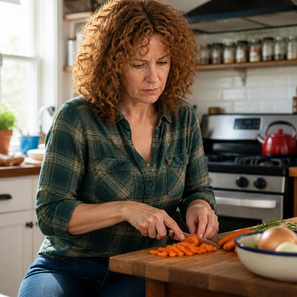 Woman chopping carrots at kitchen counter with distracted, tense expression, wearing green flannel shirt.