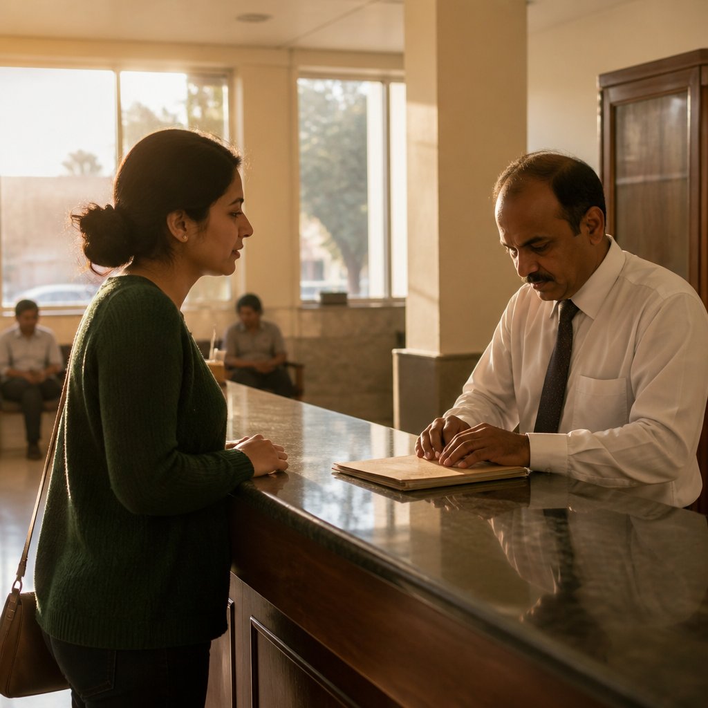 Woman at bank counter talking to manager who avoids eye contact about a flagged deposit box.