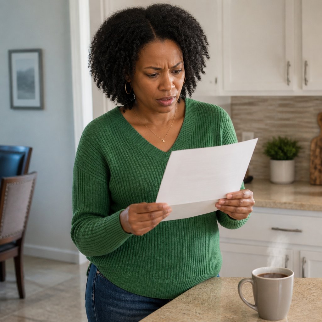 Woman in green sweater reading a vague HOA letter inside her kitchen.