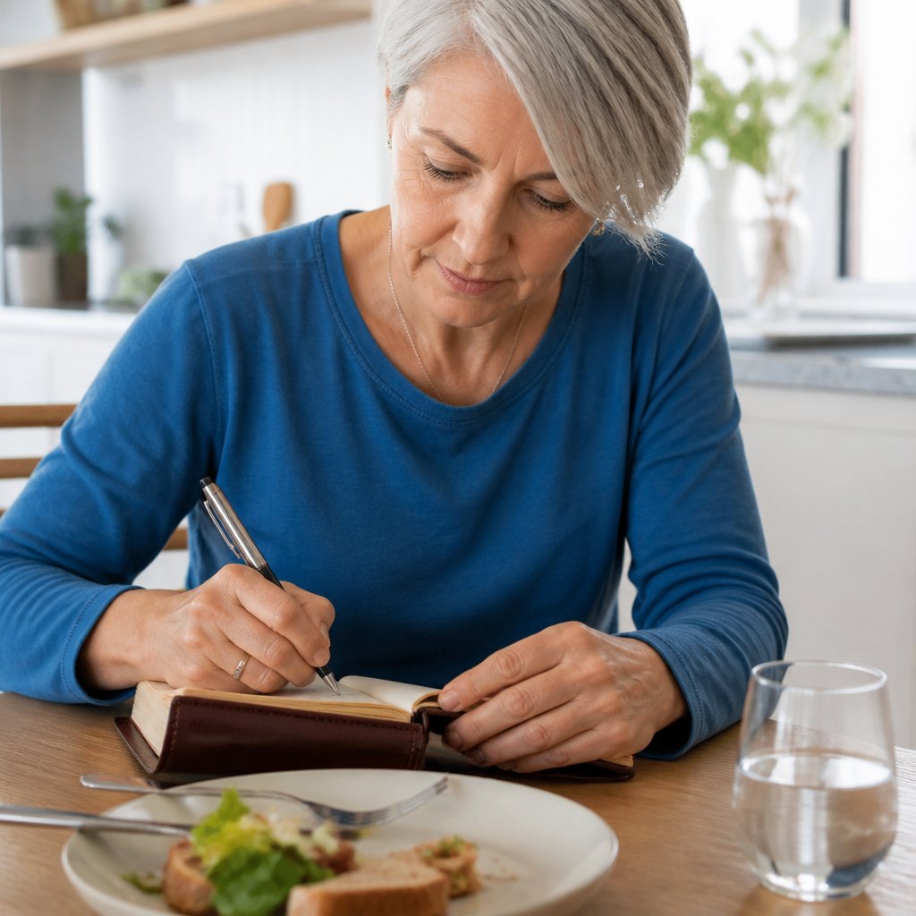 Close-up of woman’s hands writing symptom notes in a journal at a kitchen table.