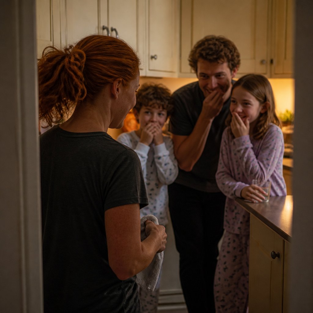 Quiet kitchen scene with father and kids whispering and laughing at night