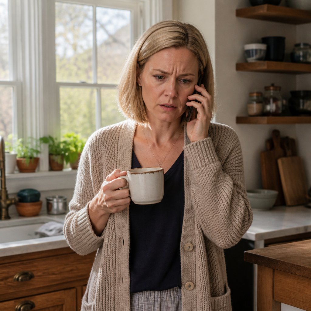 Woman on phone in kitchen looking tense and worried.