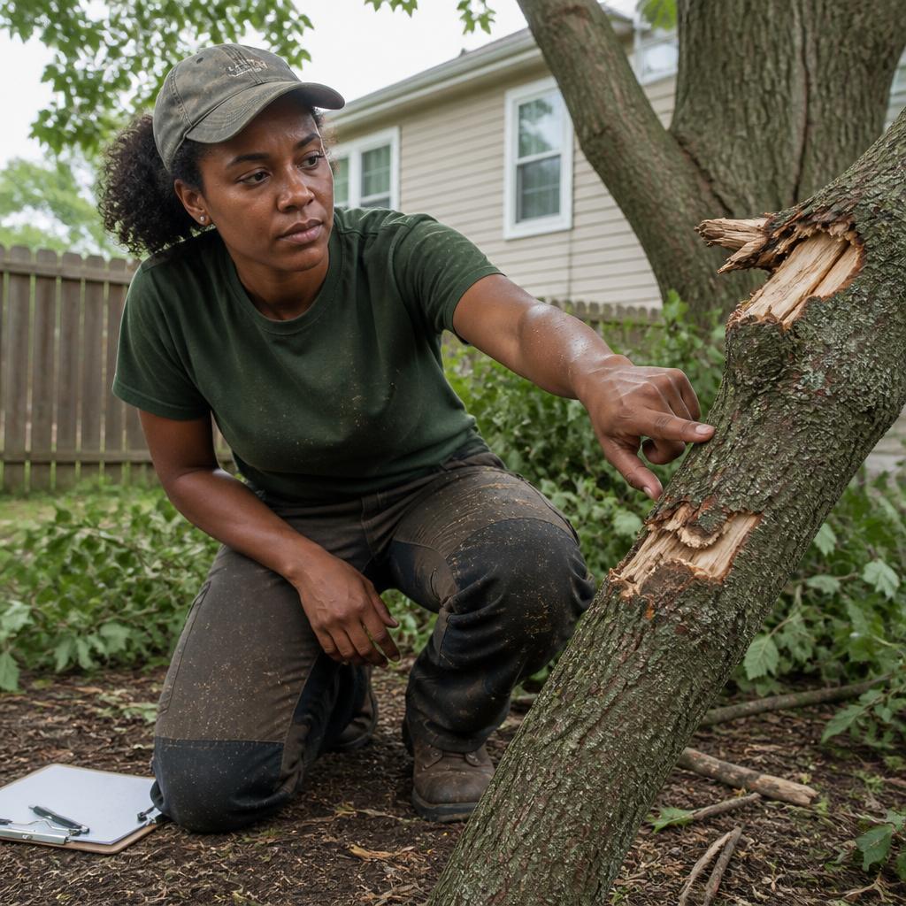 Arborist kneeling under a tree pointing to jagged limb cuts, looking serious and concerned.