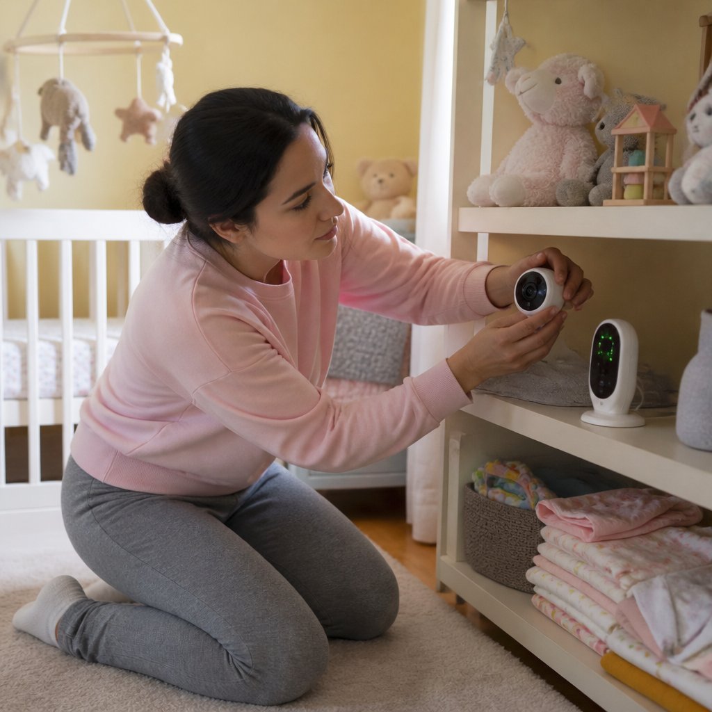Woman setting up a small security camera aimed at baby monitor in a nursery.