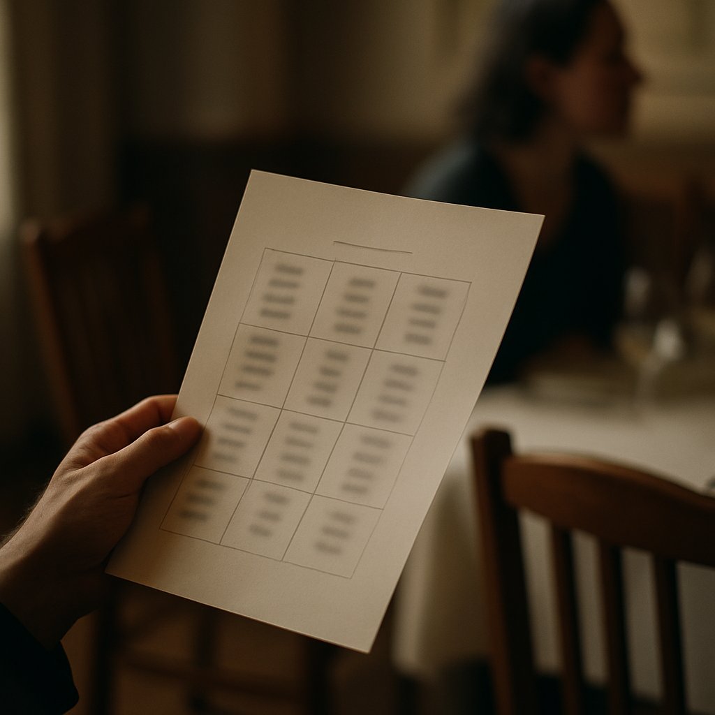 Printed wedding seating chart on kitchen counter under warm light