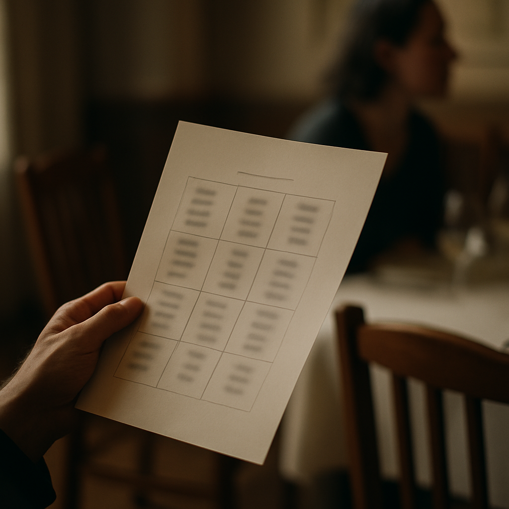 Printed wedding seating chart on kitchen counter under warm light