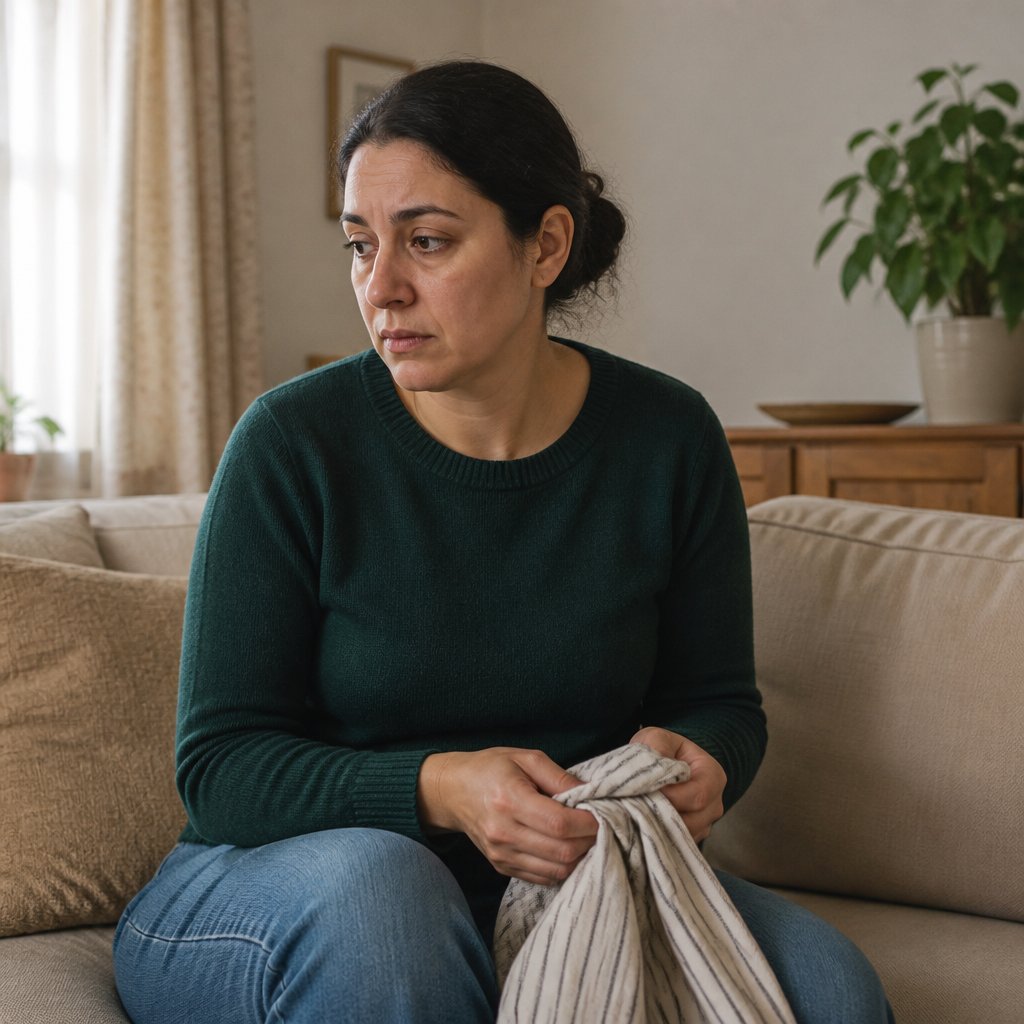 Woman nervously folding kitchen towel on couch, avoiding eye contact.