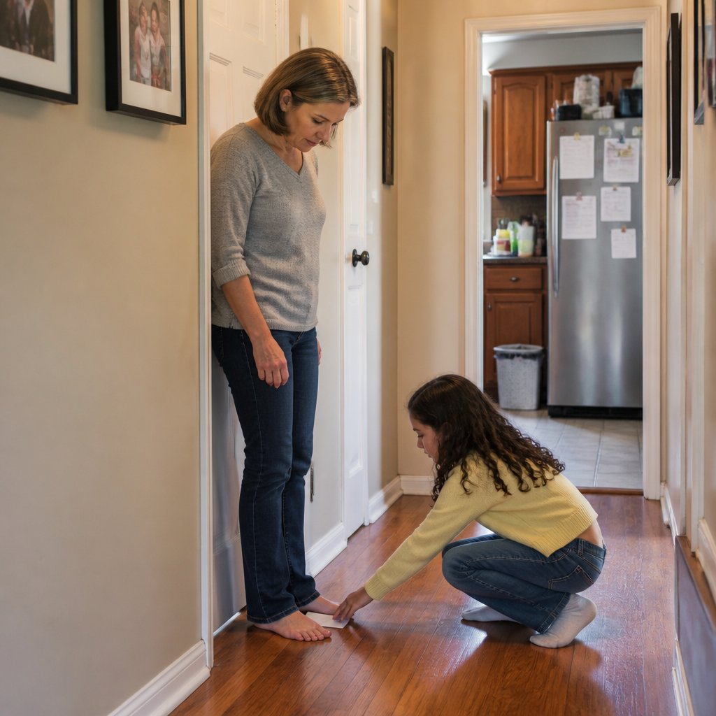 Renee watching as Lily slides a note under a closed guest room door, the Parenting Protocol document visible on the fridge in the background.