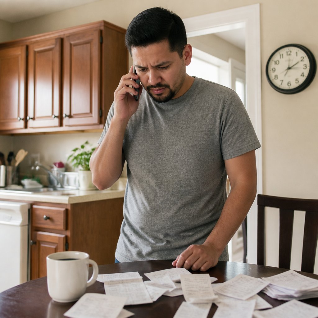 Man on phone at kitchen table surrounded by receipts, looking worried.