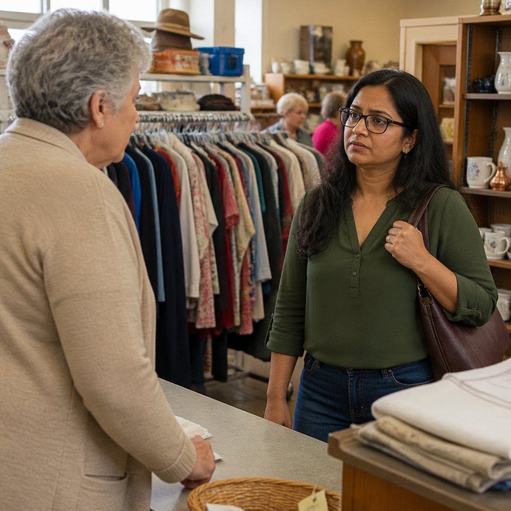 Thrift store volunteer quietly reacts when the protagonist mentions Evan.
