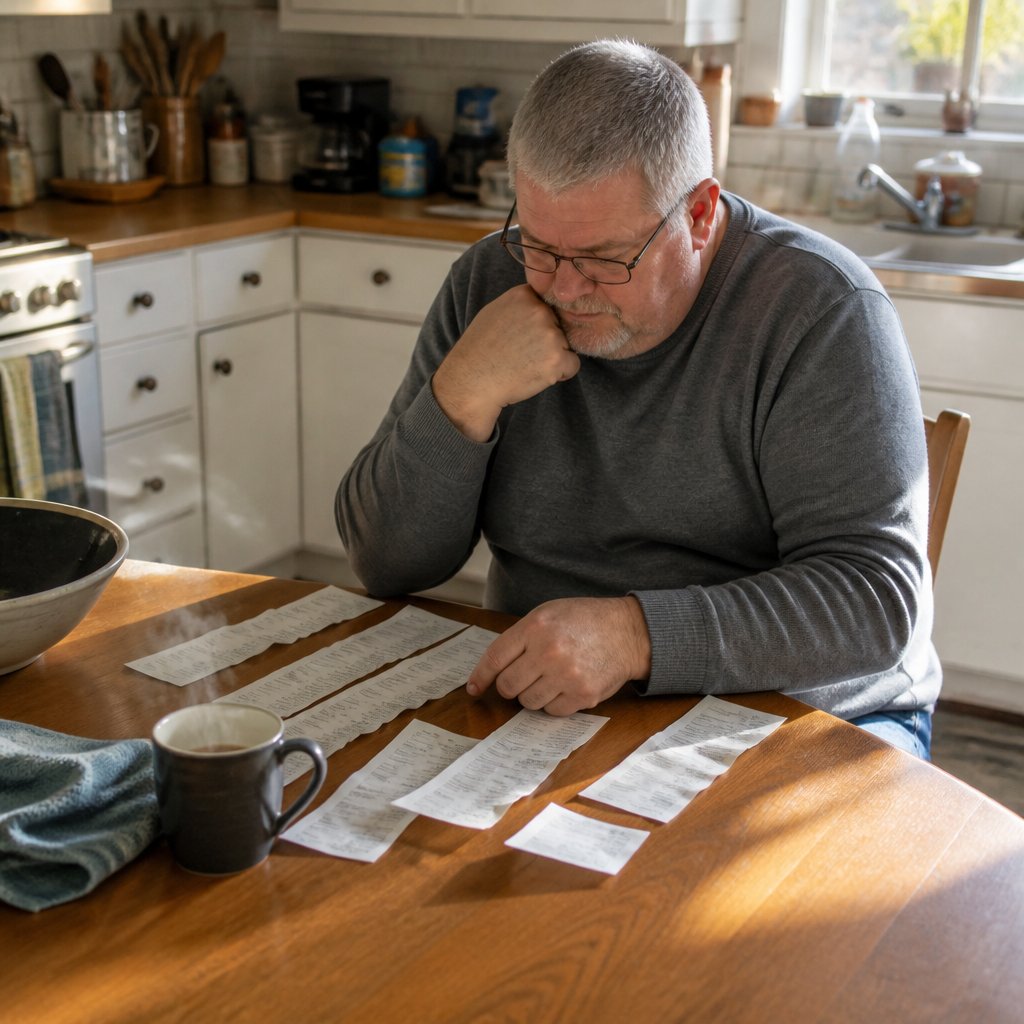 Man examining receipts at kitchen table with afternoon light