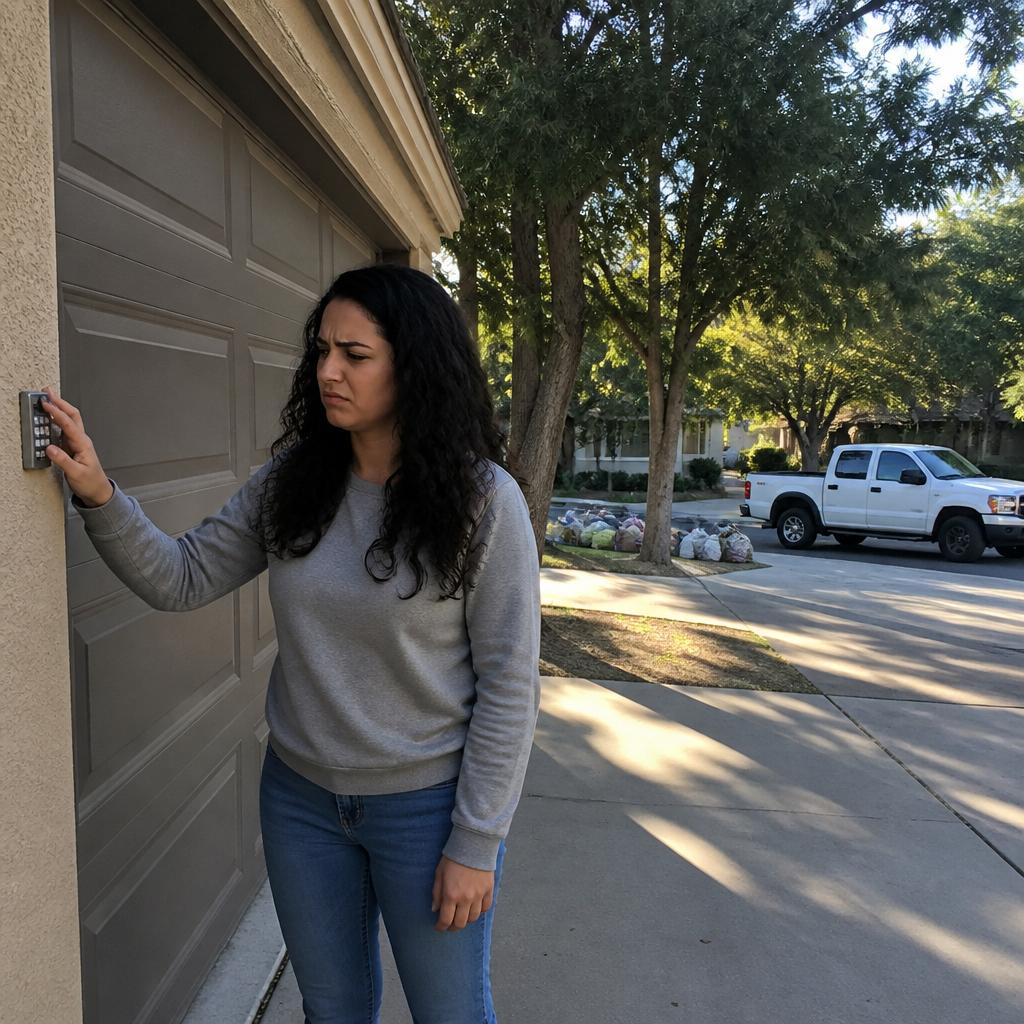 Kara locked out of the garage, looking frustrated as charity bags sit at the curb.