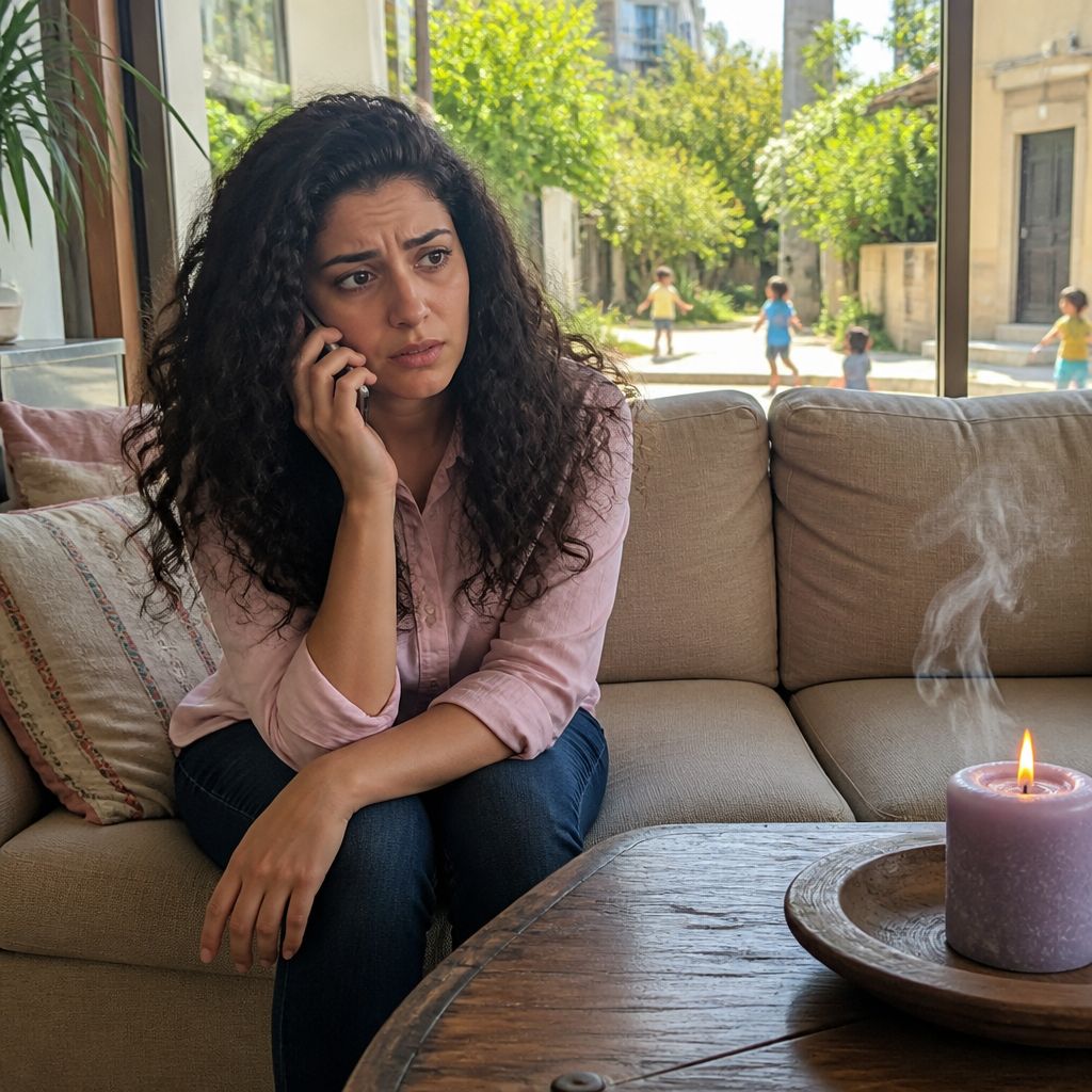 Worried woman on phone sitting on sofa by lit lavender candle.
