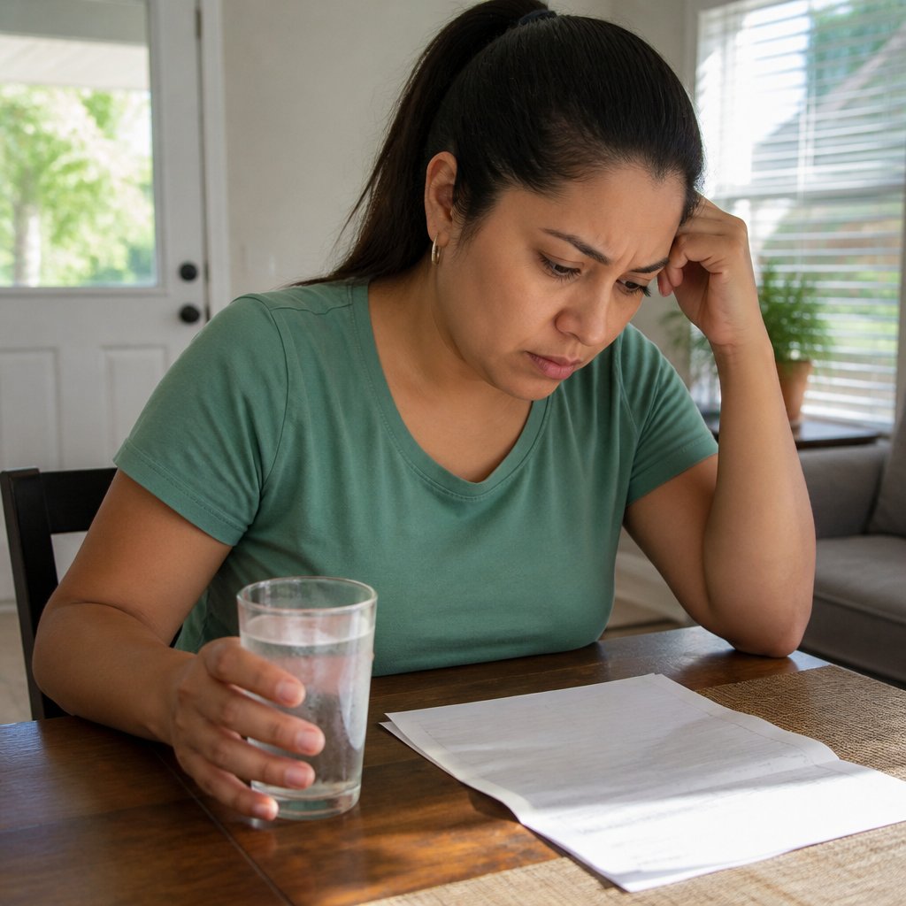 Woman sitting at dining table looking frustrated with bills.