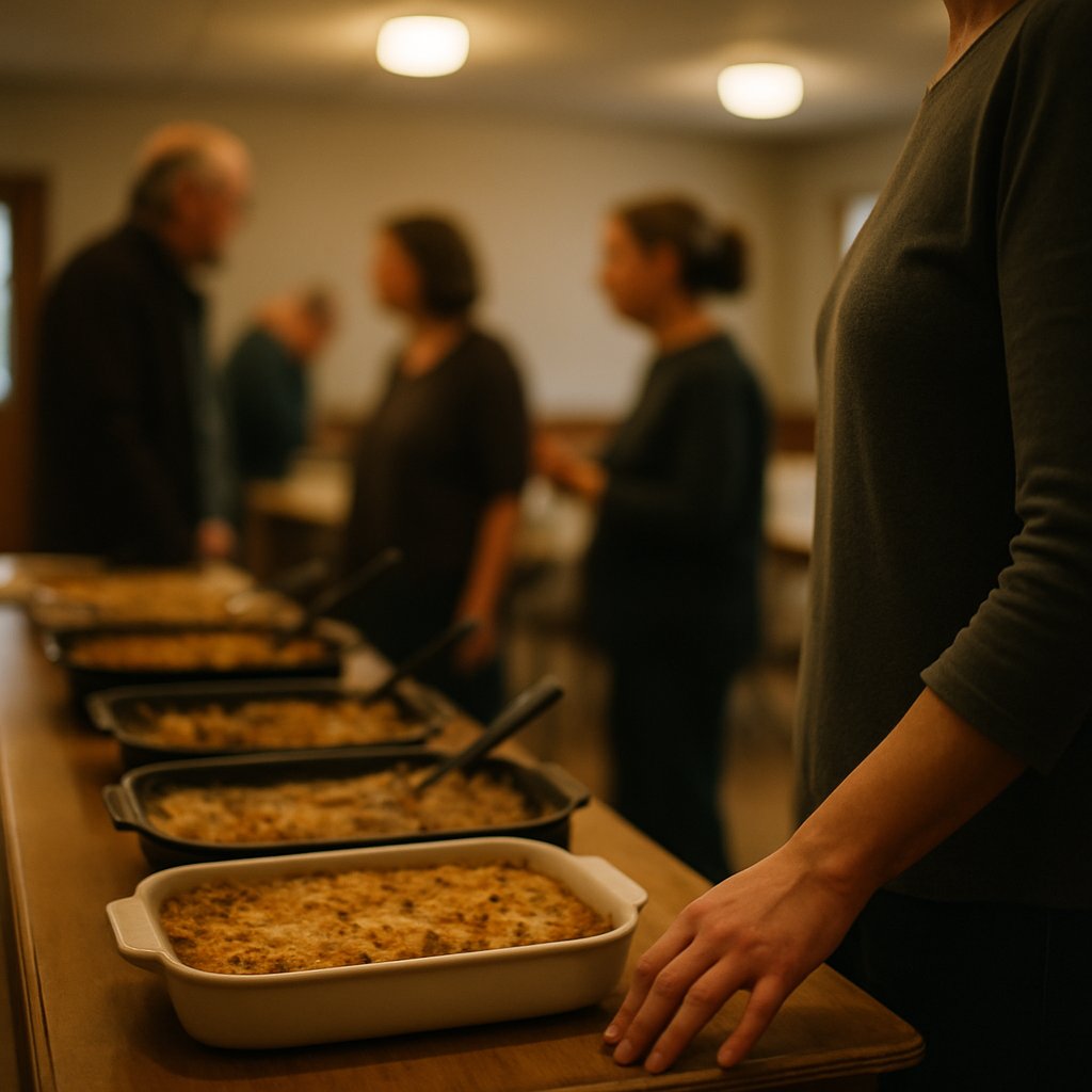 Close-up of a woman’s hand on buffet table with casserole dishes, blurred people in warm light behind.