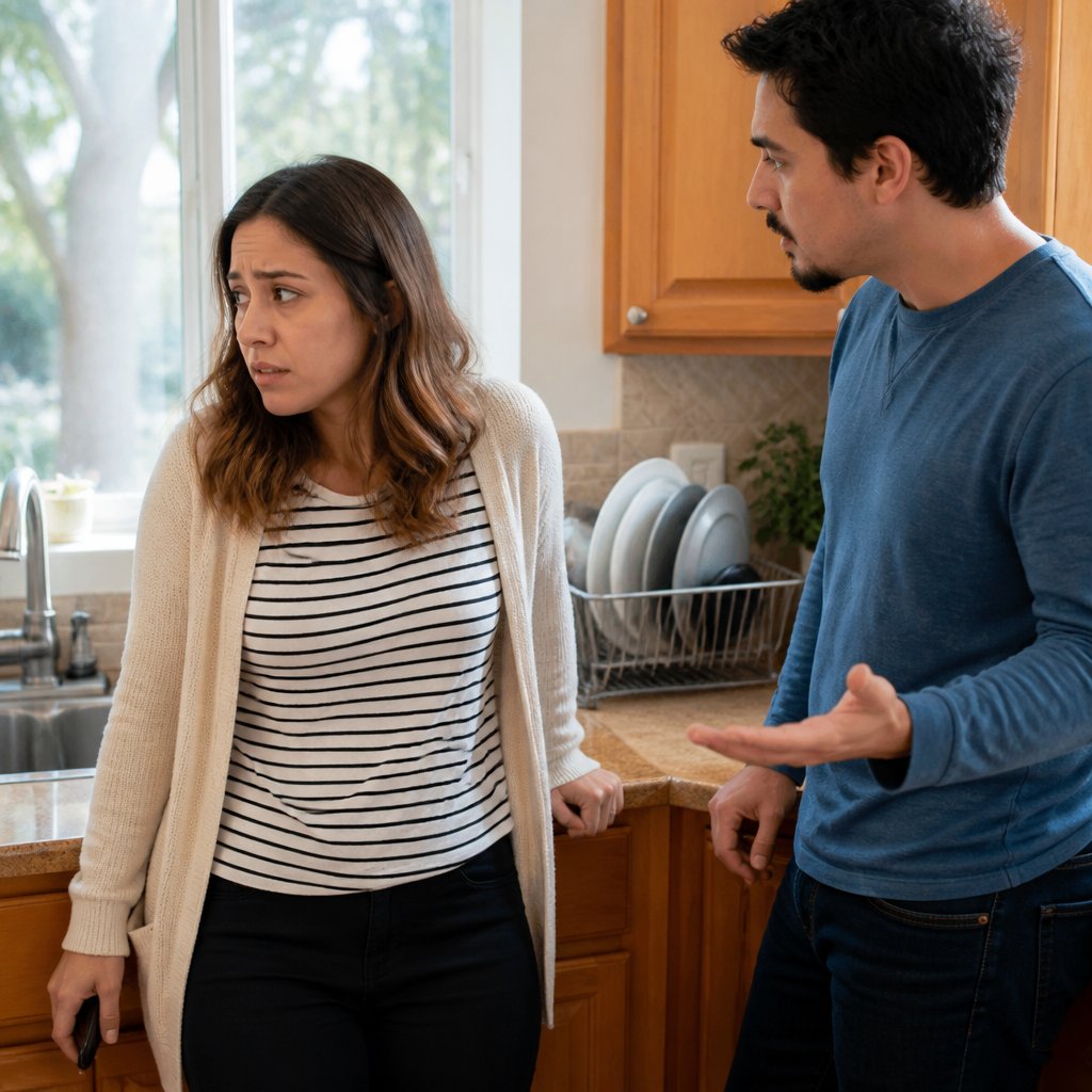 Mara stands in the kitchen gripping the counter, holding her phone face-down as worry crosses her face.