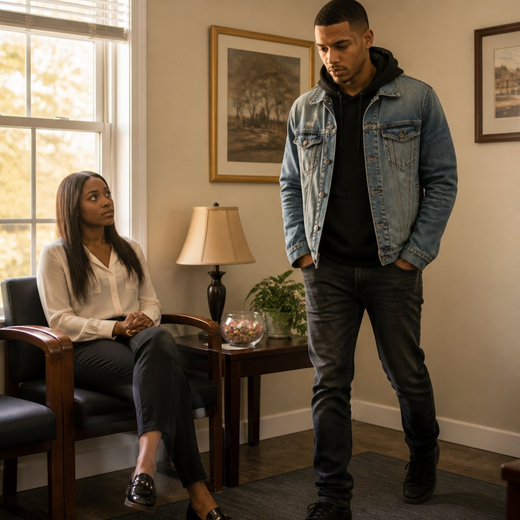 Mara sits in a law office waiting room while Vince paces and avoids her eyes.