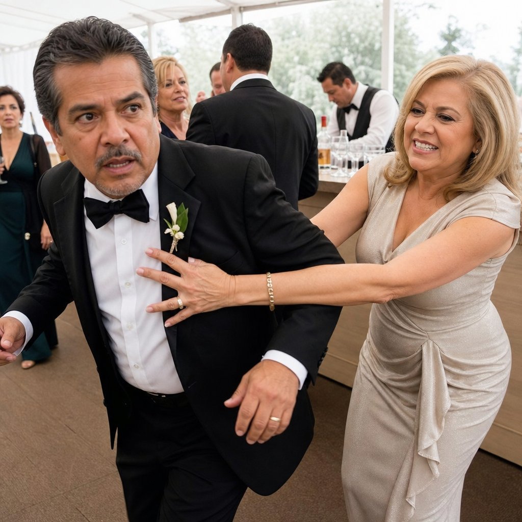Evan’s father looks ready to lunge while his wife restrains him with a forced smile.