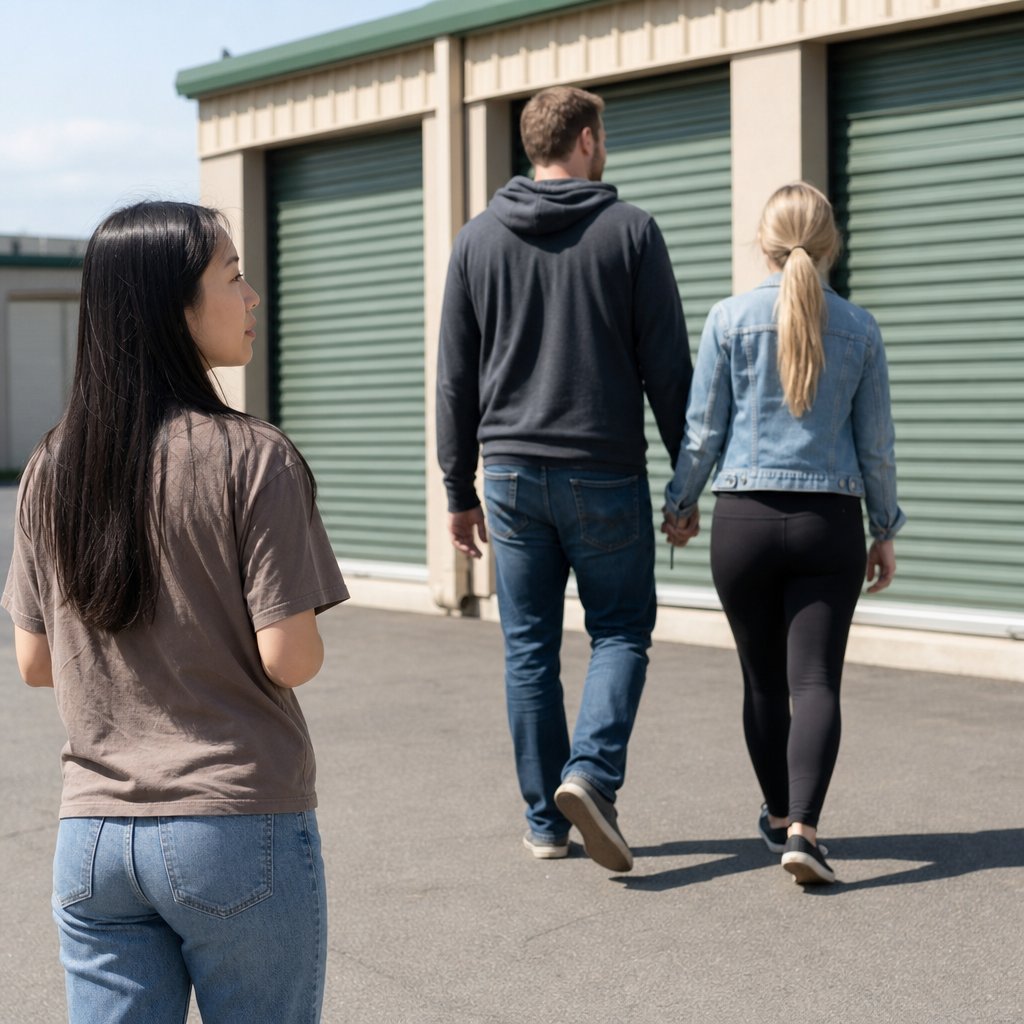 Evan and Kelsey walk together toward a storage unit door as if it’s routine.