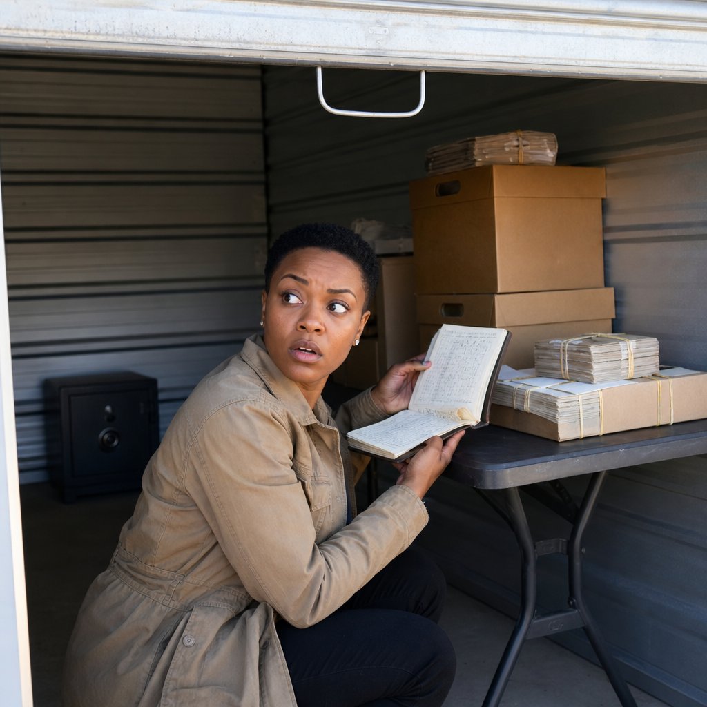 Mara crouches in a storage unit over a notebook and boxes, startled by a sound at the door.