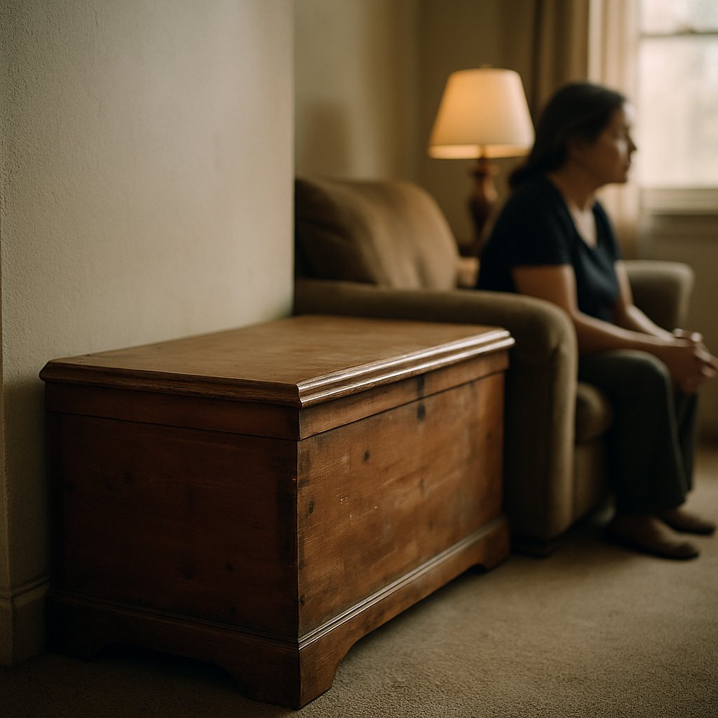 Cedar chest in living room corner with soft light and shadows.