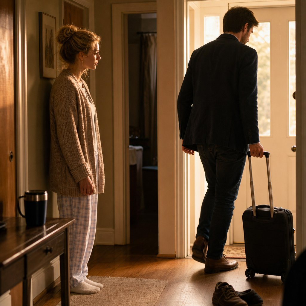 Graham heads out the door with a suitcase while Mara watches in stunned silence.