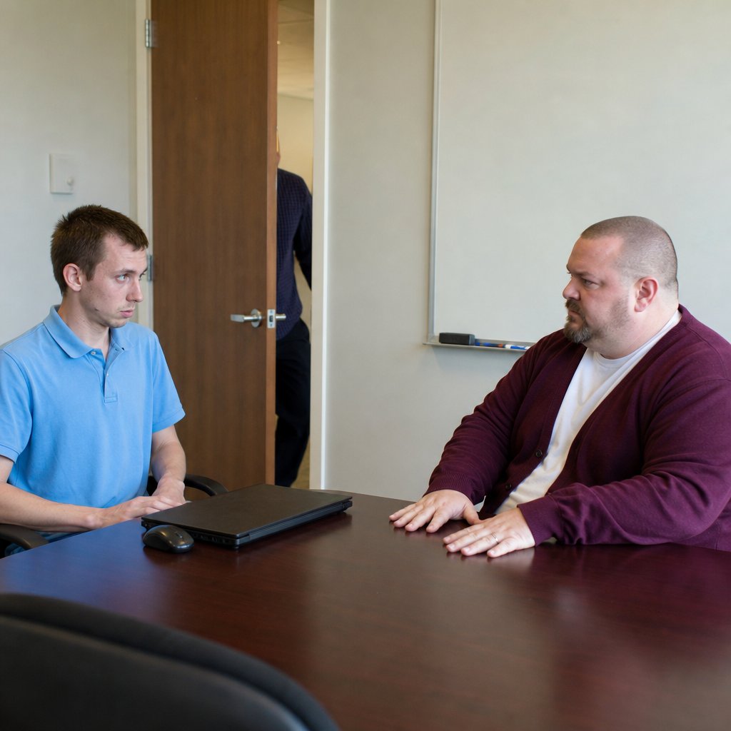 In an IT conference room, Evan explains login attempts while the door starts to open behind us.