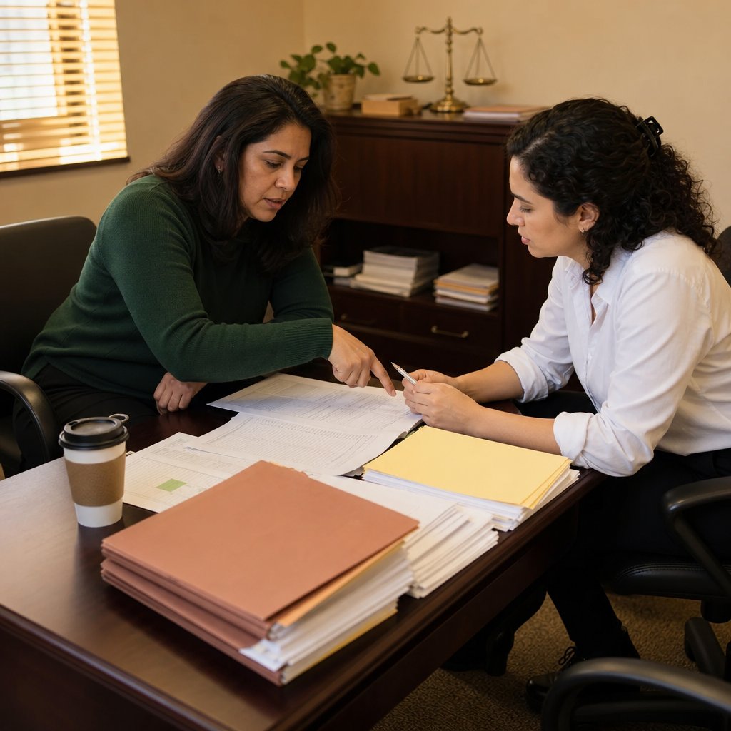 Mara and her attorney study printed phone records at a desk, both looking alarmed.