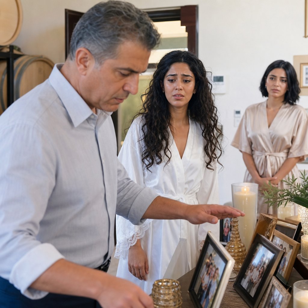 A stranger studies the family photo display while the bride watches, alarmed.