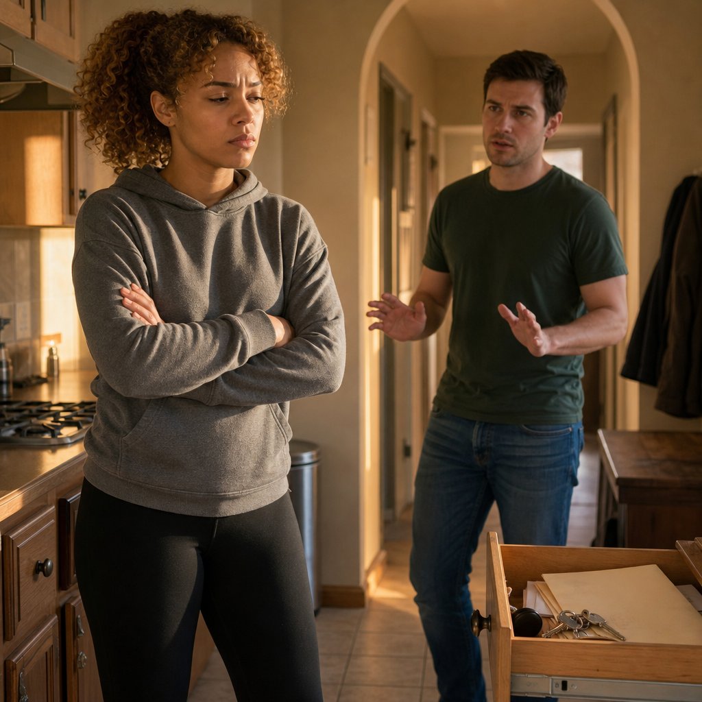 Iris confronts Grant while he avoids her eyes and glances toward a drawer of papers.