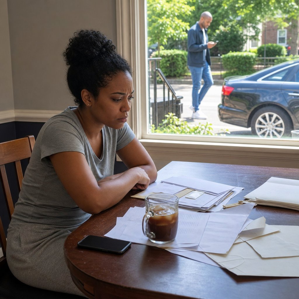 A woman sits at a table with scattered papers while a man stands outside near a car, separated by the window.