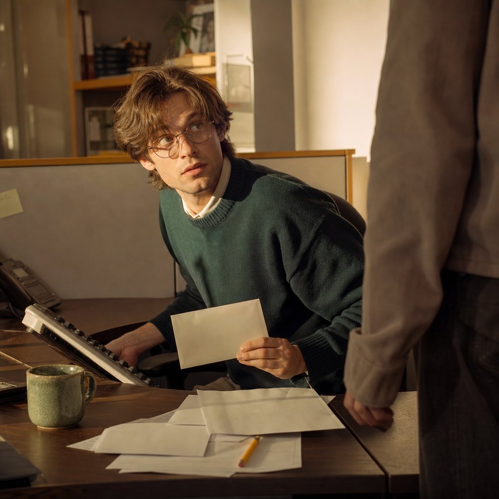 Iris finds an anonymous envelope under his keyboard and senses someone nearby.