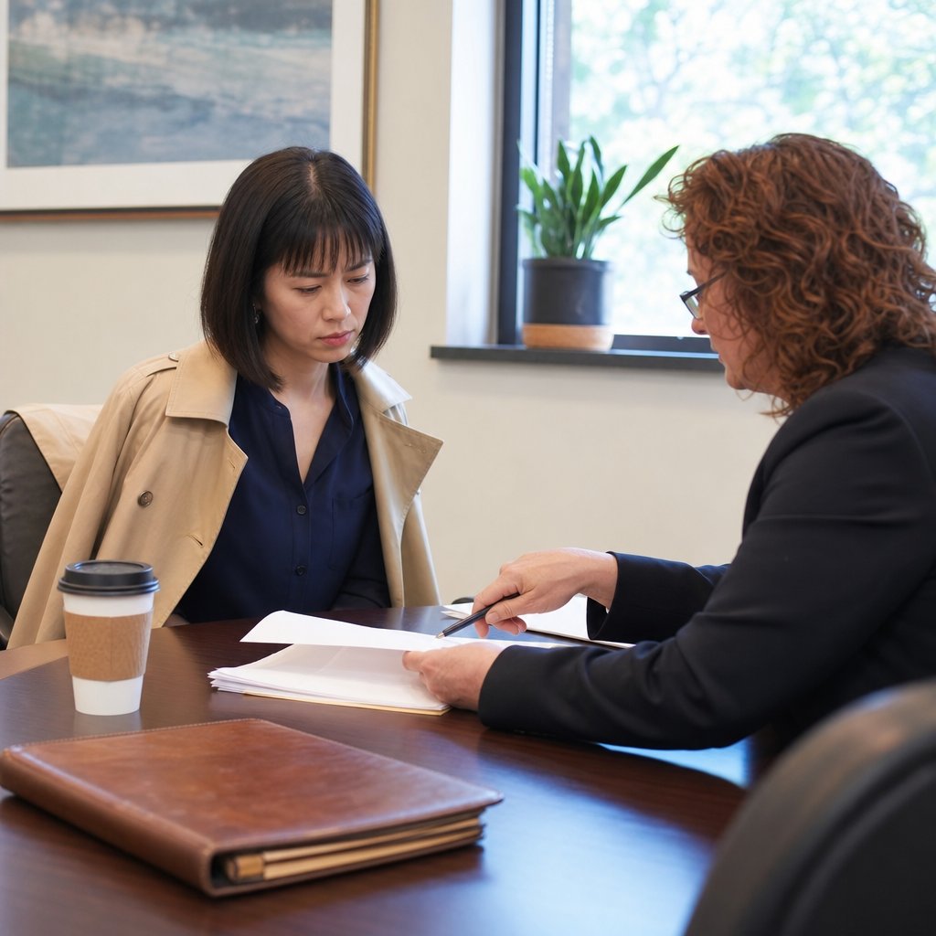 Iris sits stunned at a conference table as an attorney points to paperwork.