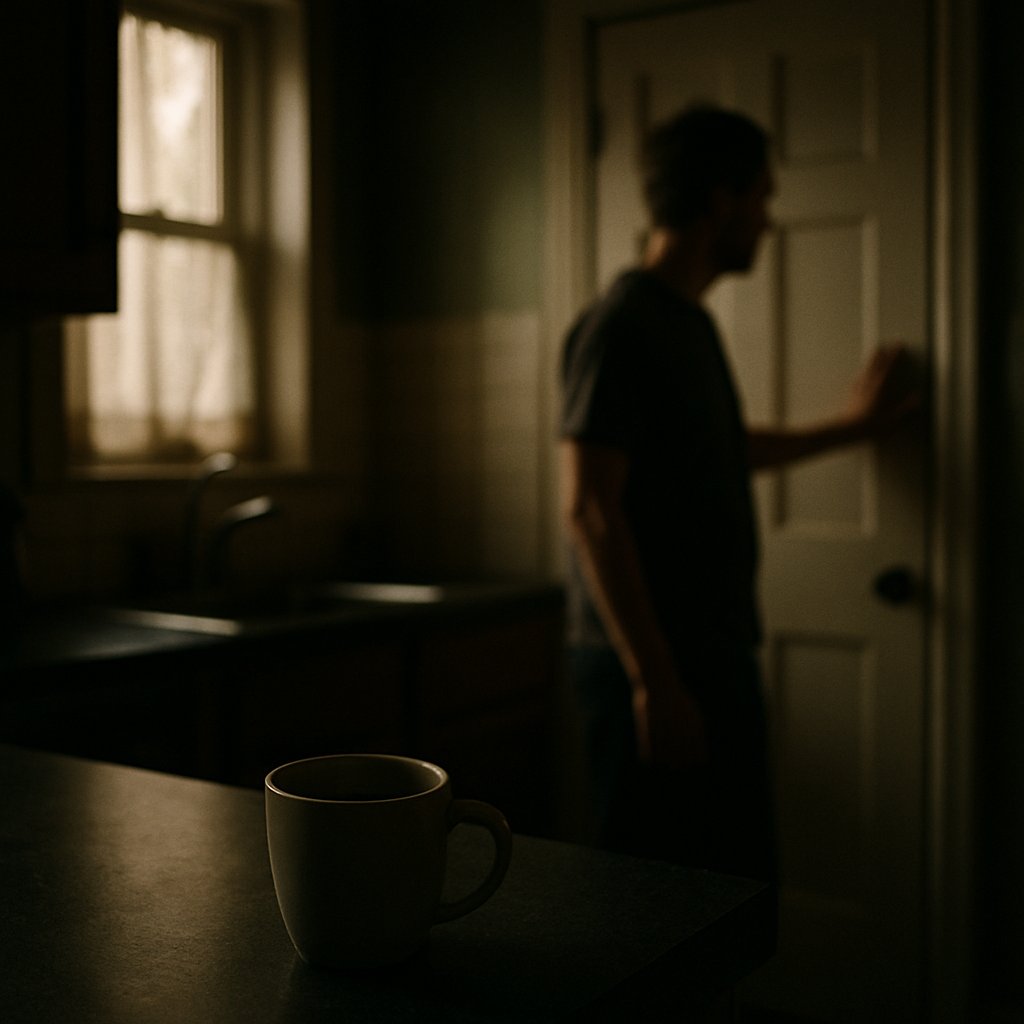 Kitchen interior with coffee cup and hand on door frame in soft light