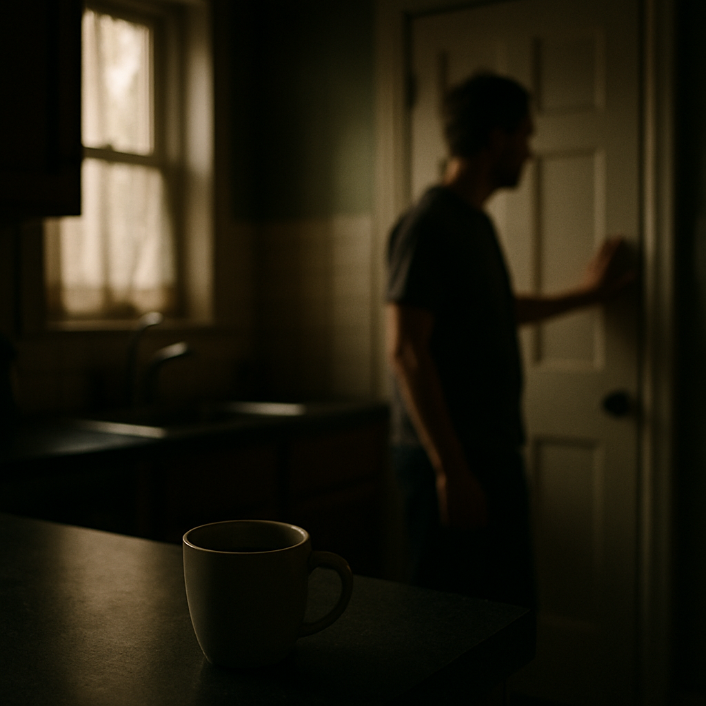 Kitchen interior with coffee cup and hand on door frame in soft light