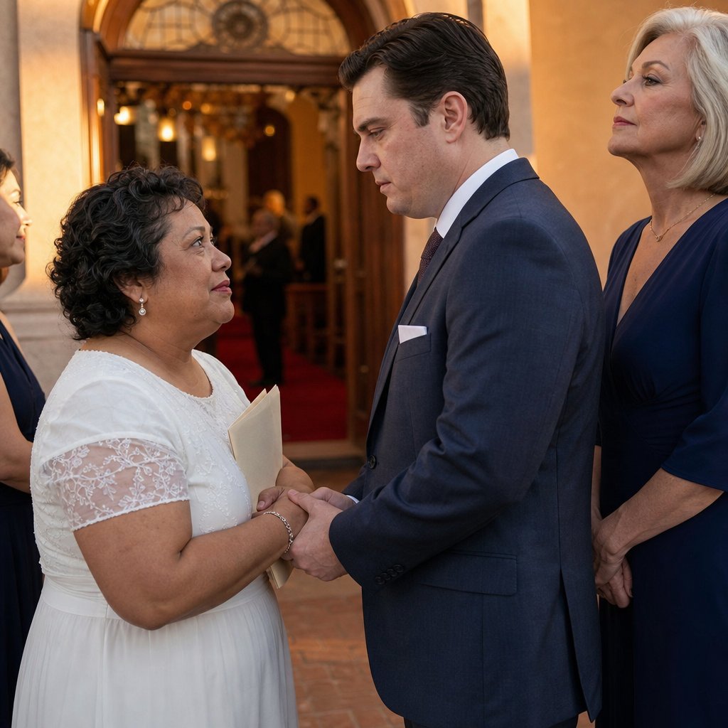The groom grips the bride’s hands, pale-faced, as his mother stands beside them delivering a shocking claim.