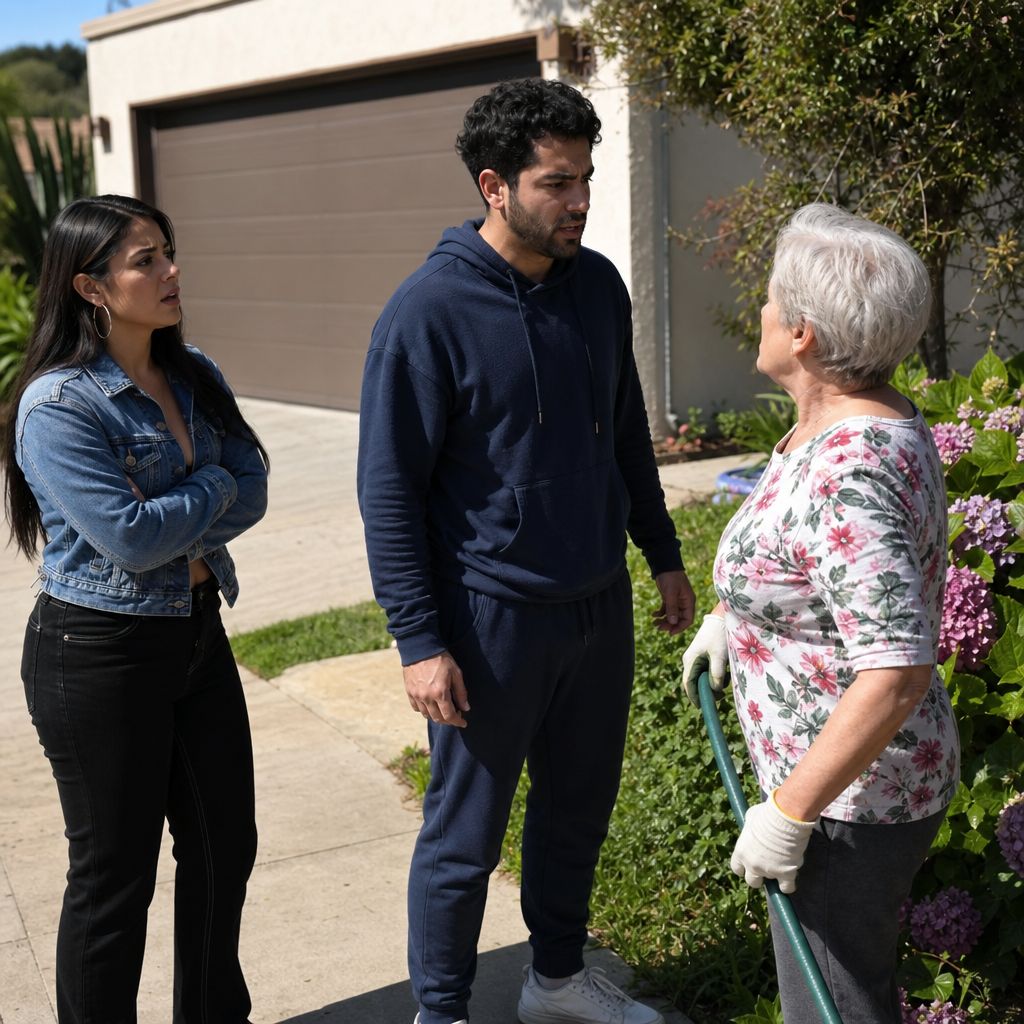A neighbor speaks to Ivy and Lina outside as Ivy looks toward the closed garage with a tense expression.