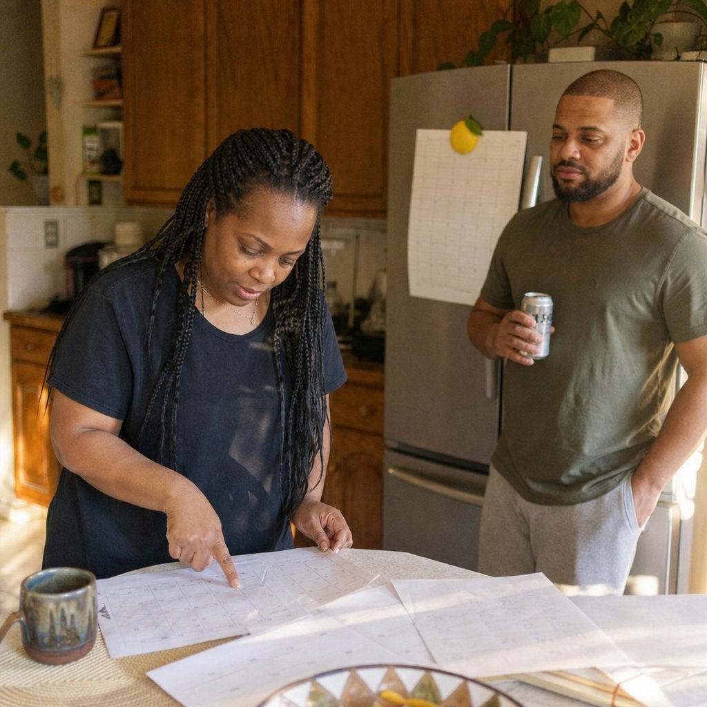 A woman aligns papers on a kitchen counter while a man watches, tense.