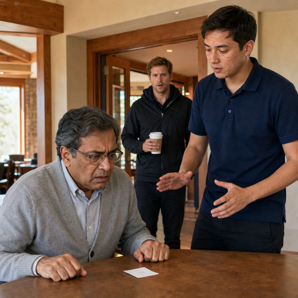 In a lodge business nook, Mara stares at an IT slip while the IT worker apologizes and Jonah watches from the doorway.