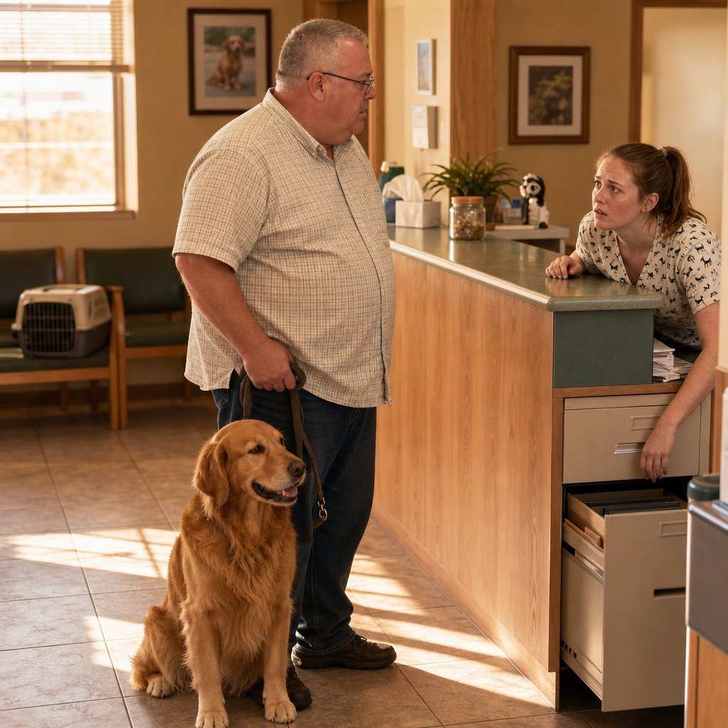 A man with glasses at a vet counter holds a golden retriever’s leash while a nervous receptionist leans forward.