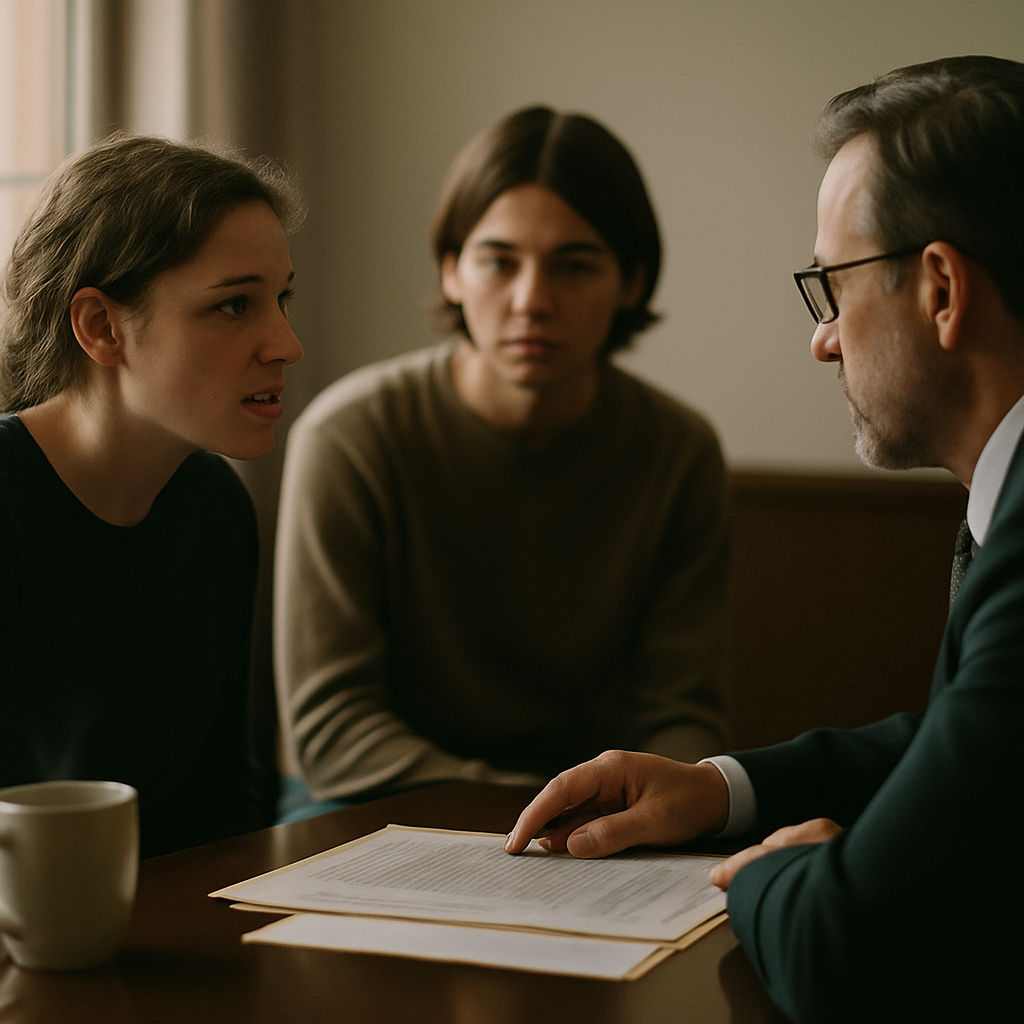 Two siblings in a lawyer’s office, one confidently making claims, the other silently observing.