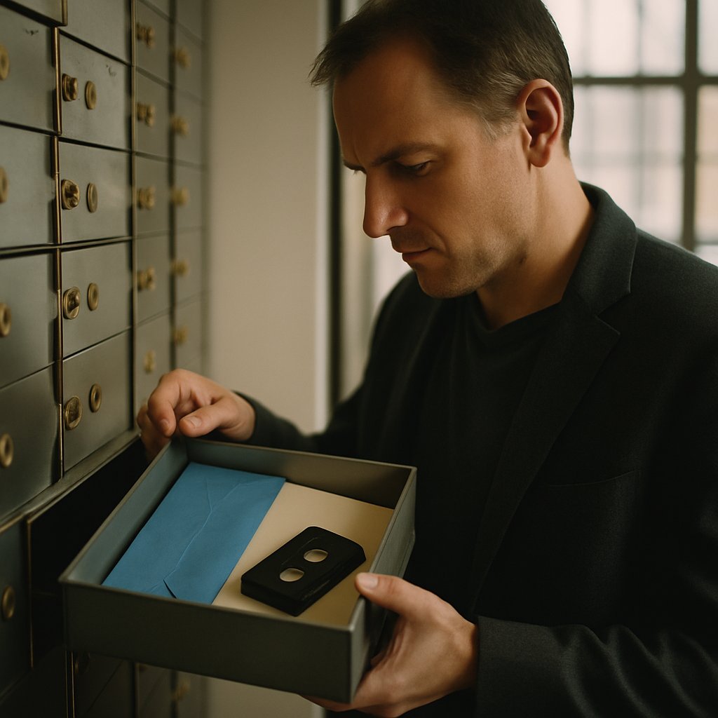 Man opening safe-deposit box with blue envelope and cassette tape inside a bank vault